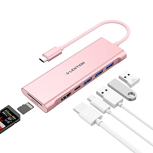 LENTION USB C Multiport Hub with 4K HDMI, 3 USB 3.0, SD/Micro SD Card Reader, 100W PD Compatible 2021-2016 MacBook Pro, New Mac Air, Other Type C Devices, Stable Driver Adapter (CB-C36B, Rose Gold)