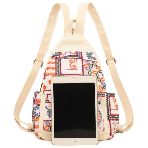 Image of SILKAREA Boho Embroidered Sling Backpack for Women Canvas Travel Chest Bag Multi-purpose Backpack Purse Shoulder Bag (Embroidered Orange)
