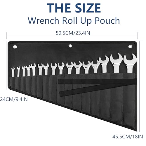 Image of Wrench Roll Up Pouch, 16-Pocket Heavy Duty Tool Roll Up Bag | Sturdy Waterproof Oxford Fabric, 3 Rings, for Wrenches, Screwdrivers, Hand Tools Storage, Portable Organizer for Mechanics