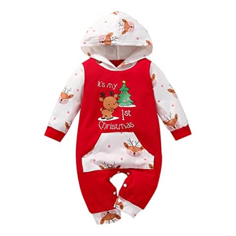 Baby Christmas Romper Elk Xmas Tree Printed Hooded Bodysuit It's My 1st Christmas Letter Printed Hoodie Jumpsuit Long Sleeve Onesie for Xmas (0-3 Months, Red) Cover