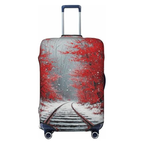 Snowy Railway Track Red Tree Woods Elastic Travel Luggage Covers Dustproof Scratch-Resistant Suitcase Protector Fit 22-24 Inch