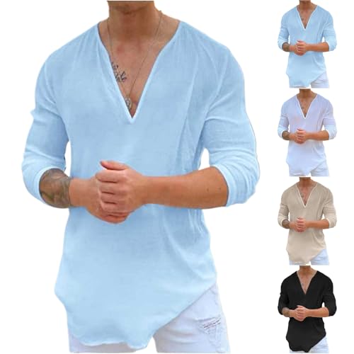 Mens Hawaiian V-Neck Shirt Casual Long Sleeve Solid Yoga Hippie Shirts Deep V Collar Basic Tees Soft Lightweight Top3