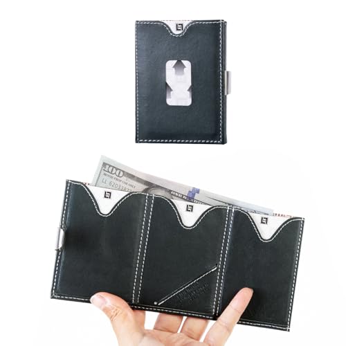 Image of LLH Leather Trifold Wallet - RFID Blocking with Stainless Steel Locking Clip Wallet, Minimalist Front Pocket RFID Blocking Credit Card Holder (Dark Green)