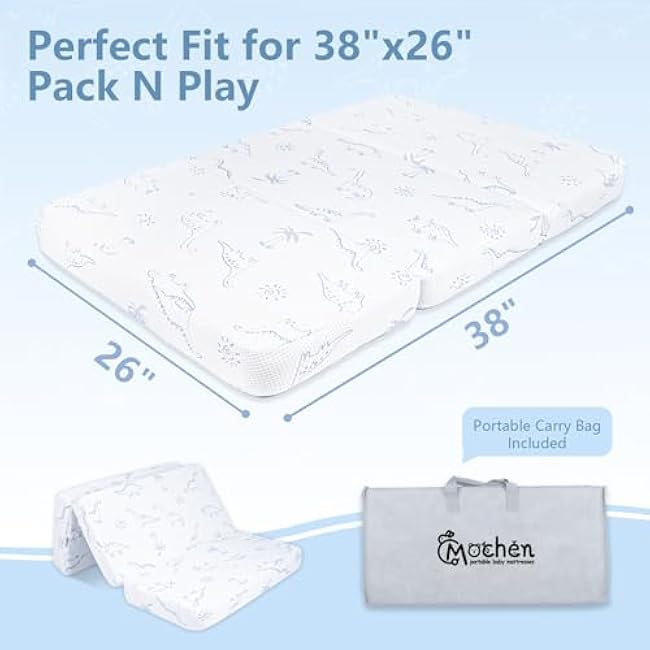 Mochen Trifold Pack and Play Mattress 38x26 Memory Foam Pack n Play Mattresses with Removable Dinosaurs Cover & Carry Bag, Portable Travel Mattress for Pack N Play Playpen Playard