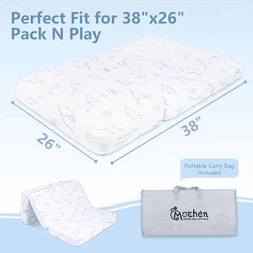 Image of Mochen Trifold Pack and Play Mattress 38 inchx 26 inch, Dual-Sided Memory Foam Pack n Play Mattresses Pad with Removable Dinosaurs Cover & Carry Bag, Portable Travel Mattress for Pack N Play