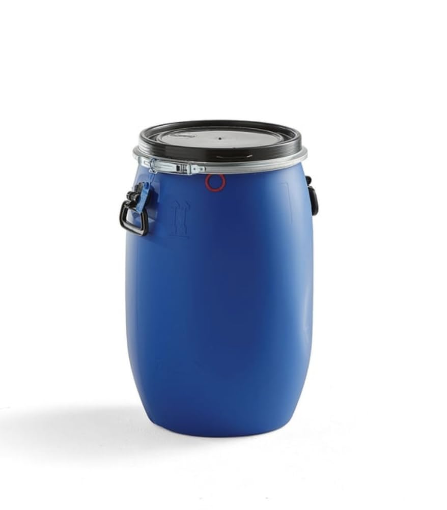 60L Open-Top Storage Drum, Blue Plastic with Secure Lid and Handles.