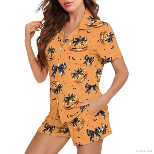 Image of Renewold Women's Short Sleeve Pajama Set Button Down Sleepwear with Notch Collar Soft Lounge Top and Shorts with Pockets