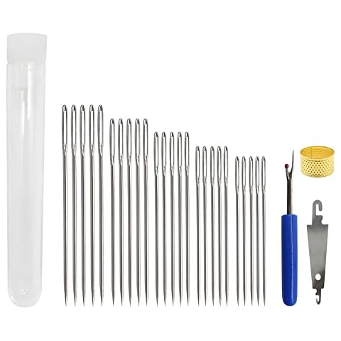 Tapestry Needles Five Sizes 14, 16, 18, 20, 24 - Large Eye Blunt Needles 25 Pcs、Stitch Removal Tool、Thimble、Threader for Cross Stich and More (Silver-28pcs) Cover