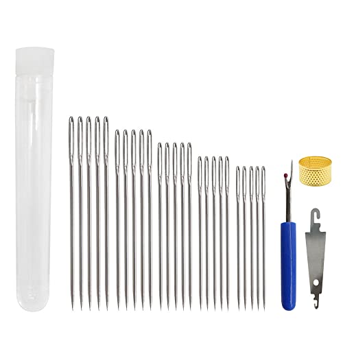 Image of Tapestry Needles Five Sizes 14, 16, 18, 20, 24 - Large Eye Blunt Needles 28 Pcs、Stitch Removal Tool、Thimble、Threader for Cross Stich and More (Silver-28pcs)
