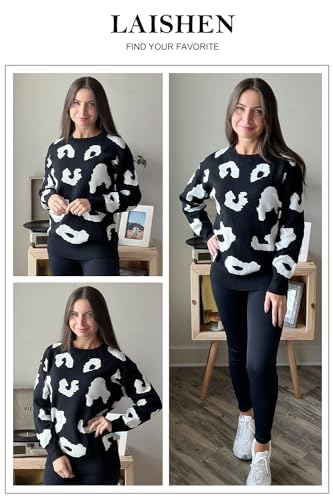 Laishen Women'S Sweaters Fall Fashion 2023 Leopard Long Sleeve Tops Casual Crew Neck Knit Chunky Sweater Pullover Black thumb #4