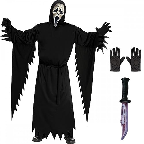 Adult Mens Official Scream AGED Ghost Face Costume + Black Gloves + Bloody Blade : Halloween Horror Film Theme Fancy Dress