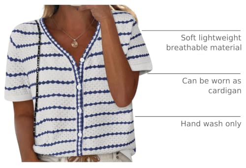 Image of NALANISA Women's Short Sleeve Sweater Spring Summer Crochet Knit Tops 2026 V Neck Striped Button Down Dressy Casual Blouses