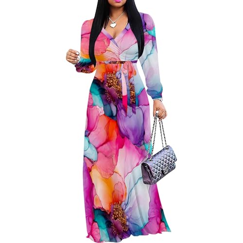 Image of PinkPatty Women's Long Sleeve Maxi Dress Plus Size Trendy Wedding Guest Wrap Dress with Pockets&Belt