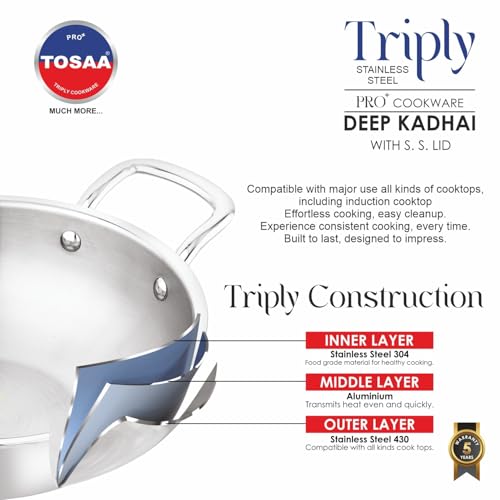 Image of Tosaa Triply Stainless Steel 24 cm Kadai with Lid /Indian Wok|Even Heat Distribution| Consumes Less Oil|Easy to Clean|Gas Stove Compatible - 2000 ml