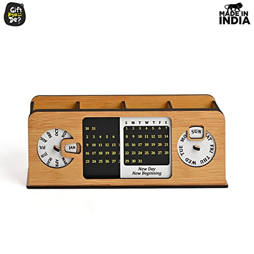 Image of GKD Wooden Desk Organizer with Lifetime Perpetual Calendar | 4 Compartment Pen Stand & Stationery Holder for Office Desk, Study Table Accessories, Home Workspace Organizer