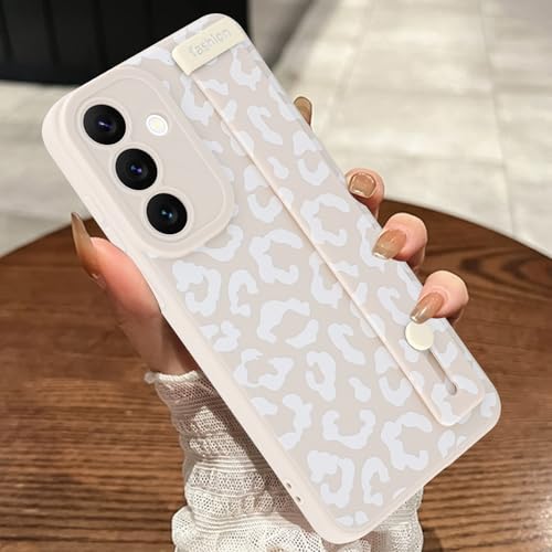 Image of Compatible with Samsung Galaxy S25 FE Case with Strap Wrist White | Cheetah Print Shockproof Soft TPU Protective Cover for Women Girls, Slim Anti Scratch Case 6.7 Inch, White