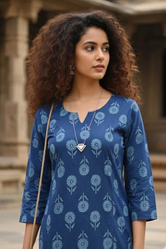 Image of Rajnandini Women's Cotton Jaipuri Printed Kurti (JOPLJPR146A-P Blue P)