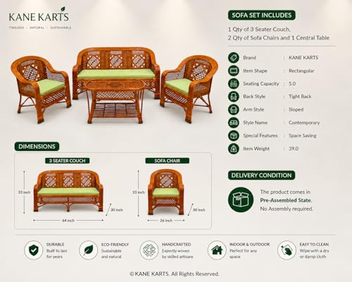 Image of Bamboo Chair Premium Cane Sofa Set with Table for Home, Office, Living Room, Balcony, Garden, Indoor & Outdoor | Brown, 34 cm, 24 cm, 25 cm