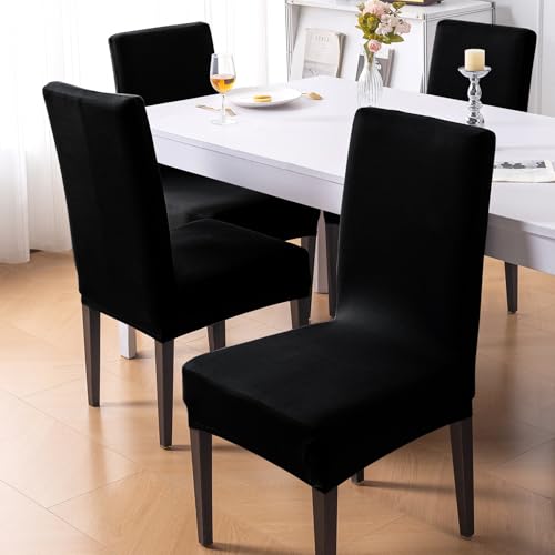 Image of HOKIPO 'SereneSolids' Stretchable 140 GSM Dining Chair Cover, Fully Covered - Set of 2, Black (AR-6246-BLK)