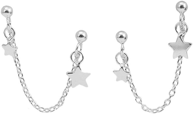 Star Double Piercing Tassel Chain Drop Dangle Cartilage Ball Bead Stud Earrings for Women 925 Sterling Silver Double Stars 2 Hole Helix Tragus Post Pin Fashion Cute Birthday Christmas Easter Jewelry Gifts