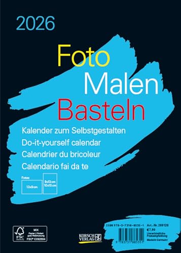 Foto-Malen-Basteln Bastelkalender A5 schwarz 2026: Fotokalender zum Selbstgestalten. Aufstellbarer do-it-yourself Kalender mit festem Fotokarton.