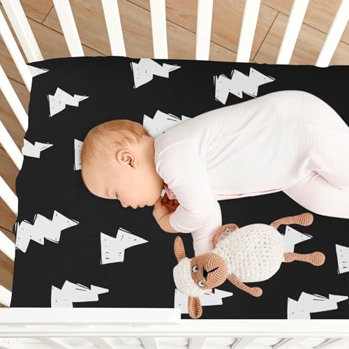 Image of Fitted Crib Sheets Doodle White Lightning Bolt Stretchy Portable Playard Sheets for Baby Toddler, Breathable Soft Mini Crib Mattress 39 x 27 in for Boys and Girls