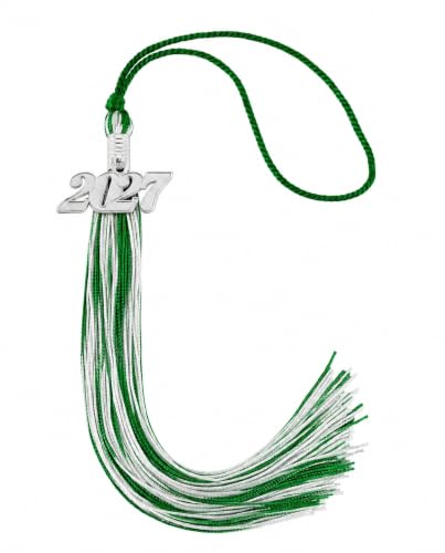 Image of Graduation Tassel 2027 for Grad Cap,Green and White Tassel with Silver Charm