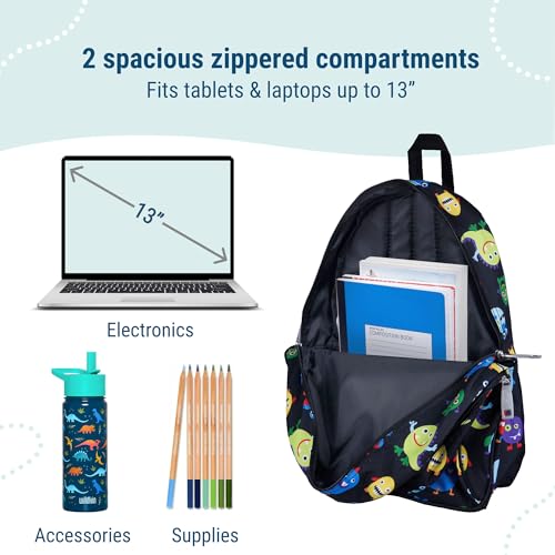Image of Wildkin 15 Inch Backpack for Kids, Monsters | Ages 5-10, padded straps, side water bottle pocket - coordinates with matching Wildkin lunch boxes