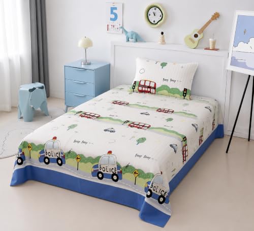 Image of Filymore Kids Single Bedsheet with 1 Pillow Cover | Police Car Printed Bed Sheet for Single Bed | 240 TC Soft Microfiber Bedding Set | 90 x 60 Inch Bedspread | Blue & Red