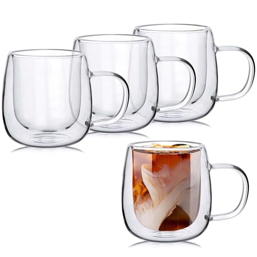Tazas, Outdoors Juego de 4 Tazas Transparente para Café de Vidrio de Doble Pared - Tazas de Vidrio Fondo Aisladas con Asa - Perfectas para Café Expreso, Café con Leche y...
