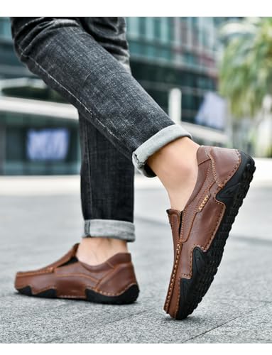 Men's Genuine Leather Loafers Slip-On Driving Shoes, Hollow Out Hand-Sewn Casual Flats for Outdoor & Work3