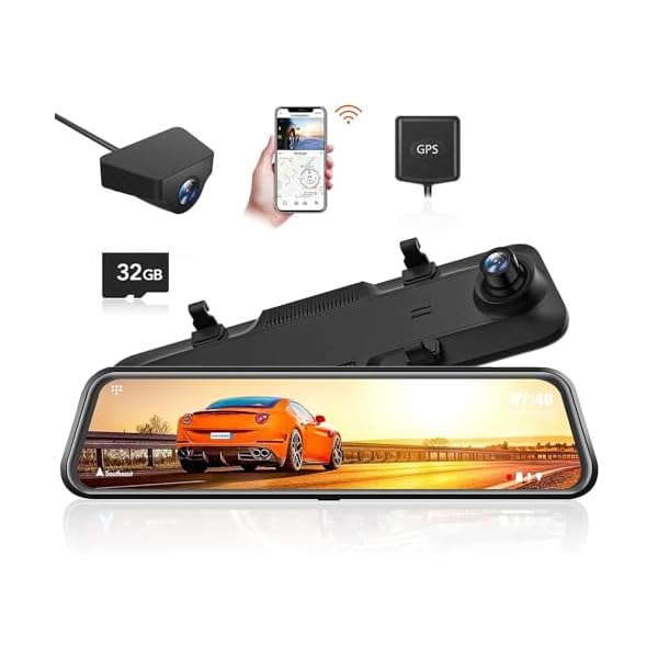 WOLFBOX G840H 12” Mirror Dash Cam with WiFi, 2.5K Rear View Mirror Camera with 1080P Rear Camera, WiFi Mirror Dash Cam Front and Rear, Included 32GB Card & GPS