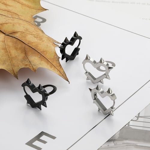 2 Pairs Silver Black Heart Hoop Earrings for Women Men Stainless Steel Y2k Punk Goth Spike Heart Earrings Jewelry Gift4