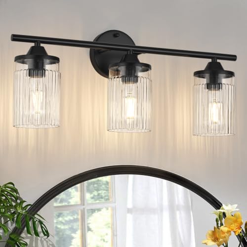 Image of Jonsi Black Bathroom Light Fixtures 3-Light Vanity Lights Modern Wall Sconce with Clear Glass Shade Bathroom Light Fixture Over Mirror for Bedroom Hallway Kitchen
