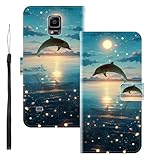 WUACYEAMING Coque pour Samsung Galaxy Note 4,Protection Housse en Cuir PU Portefeuille à Rabat Motif Cover Kickstand Bumper Antichoc [Fentes pour Cartes] Les Dauphins