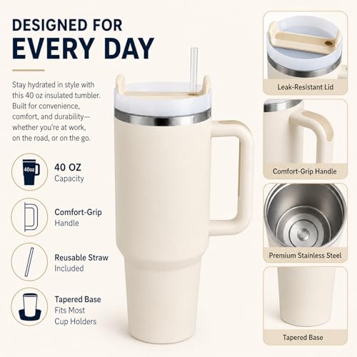 Image of Pandance 4 Pack 40 oz Tumbler with Handle and Straw Bulk, Black & Cream