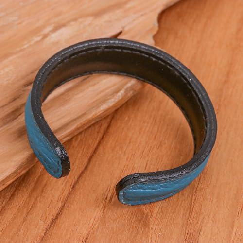 NOVICA Artisan Handcrafted Men's Leather Cuff Bracelet Teal from Thailand Stainless Steel [7.75 in L (end to End) x 0.7 in W] ' Rugged Simplicity'4