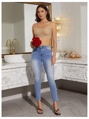 OYOANGLE Women's Scallop Trim Strapless Bandeau Bra Non Slip Padded Wireless Bralettes with Clear Straps3