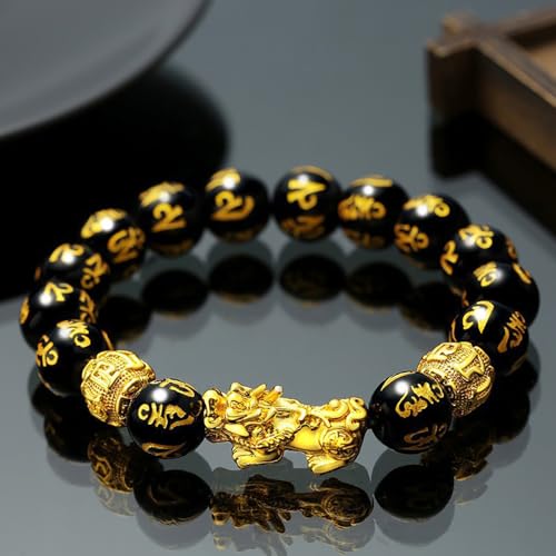 Image of Feng Shui Pixiu Wealth And Luck Bracelet For Men Women, Fengshui Black Obsidian Wealth Bracelet Good Luck Prosperity Buddha Beads Elastic Bracelet Jewelry Gifts