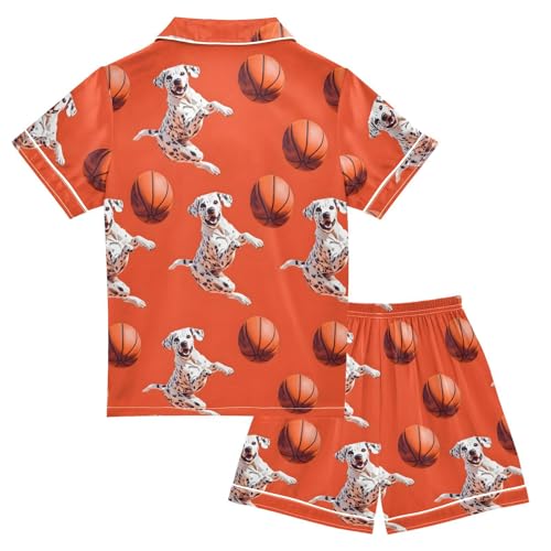 ALAZA Spotted Dog Basketball Satin Pajamas Set Short Sleeve Button Down Sleepwear Summer Pjs 2 Piece2