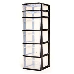 Homz Plastic 6 Clear Drawer Medium Home Storage Container Tower with 4 Large Drawers and 2 Small Drawers, Black Frame