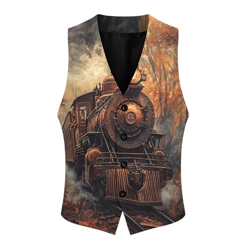 Steam Train in The Autumn Forests Formal Suit Vest for Men Waistcoat Printing Business Casual Dress for Tuxedo3