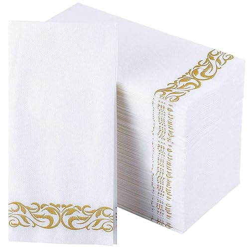 50 PCS Cloth Napkin with Gold Pattern Print, Virgin Wood Pulp Dust-Free Tissue, 43 * 30cm Dinner Napkins, Pre-Folded Hand Towels, Linen Feel Paper Napkins for Weddings, Parties