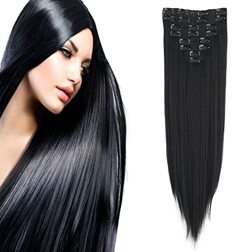 Cybelleza 24" Black Hair Extensions Clip in Long Straight Clip in Hair Extension 8PCS Full Head Set Synthetic Hairpieces for Women (Black)