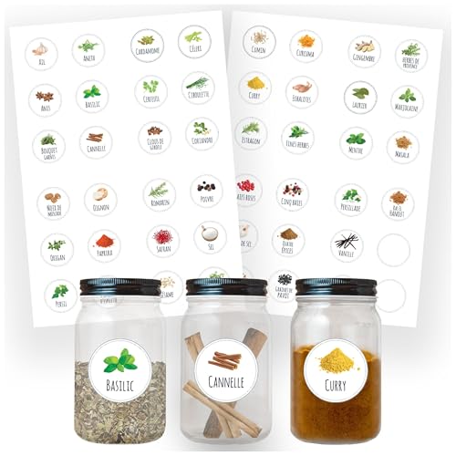 Avery Étiquettes Autocollantes Bocaux Rondes Ø 35mm - Lot de 45 + 3 vierges personnalisable - Prêtes à l'Emploi - Etiquette Epices Français - Design...