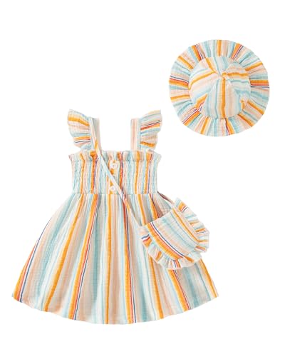 Vibebox Baby Girl Dresses 12-18 Months Ruffle Sleeveless Button Clothes 1 Year Old Birthday Gifts Toddler Girls Multicolored Strips Summer Beach Garden Party Casual Dress with Cute Hat and Bag