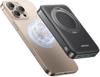 شاحن باور بانك لاسلكي مغناطيسي بقدرة 20 وات مع حامل حلقي 10000 ميلي امبير في الساعة من جوي روم PBM12، أسود