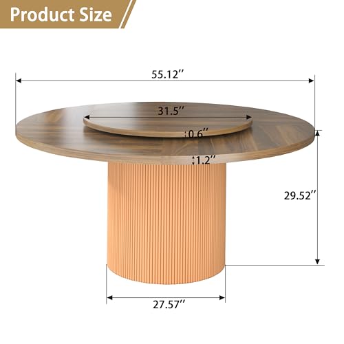 Image of 55 inch Round Dining Table for 4-6 People, Modern Farmhouse Dining Kitchen Table with Fluted Cylindrical Pedestal Base for Dining Room, Living Room, Kitchen, 360 Rotating(Chairs Not Included)