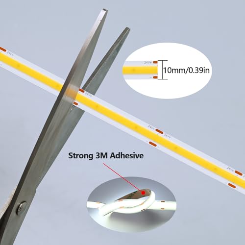 Image of GOMING 24V Super Bright COB LED Strip Light Cool White 6000K 16.4ft(5M) 621LM /FT 14.5W /M CRI 93+ High Density 480LED /M IP20 Not Waterproof LED Tape Lights for DIY Bedroom Home Decor(No Power Supply)