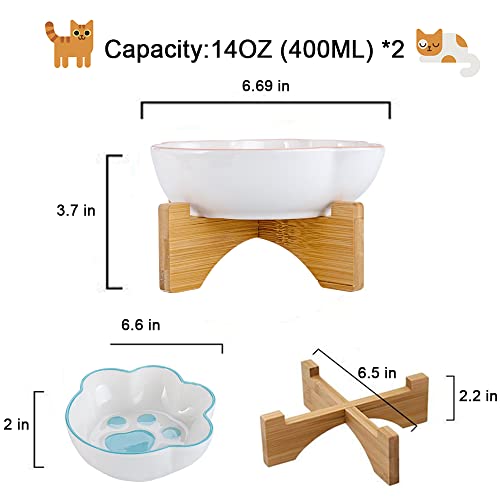 Ceramic Cat Bowls With Wooden Stand, Pet Bowl Set Of 2,Elevated Cat Bowls Food Dish And Water Feeder,Pink And Blue Pet Bowl No Slip Non Spill, Raised Pet Bowl For Cats And Small Size Dog (Pink-Blue) #TOP1